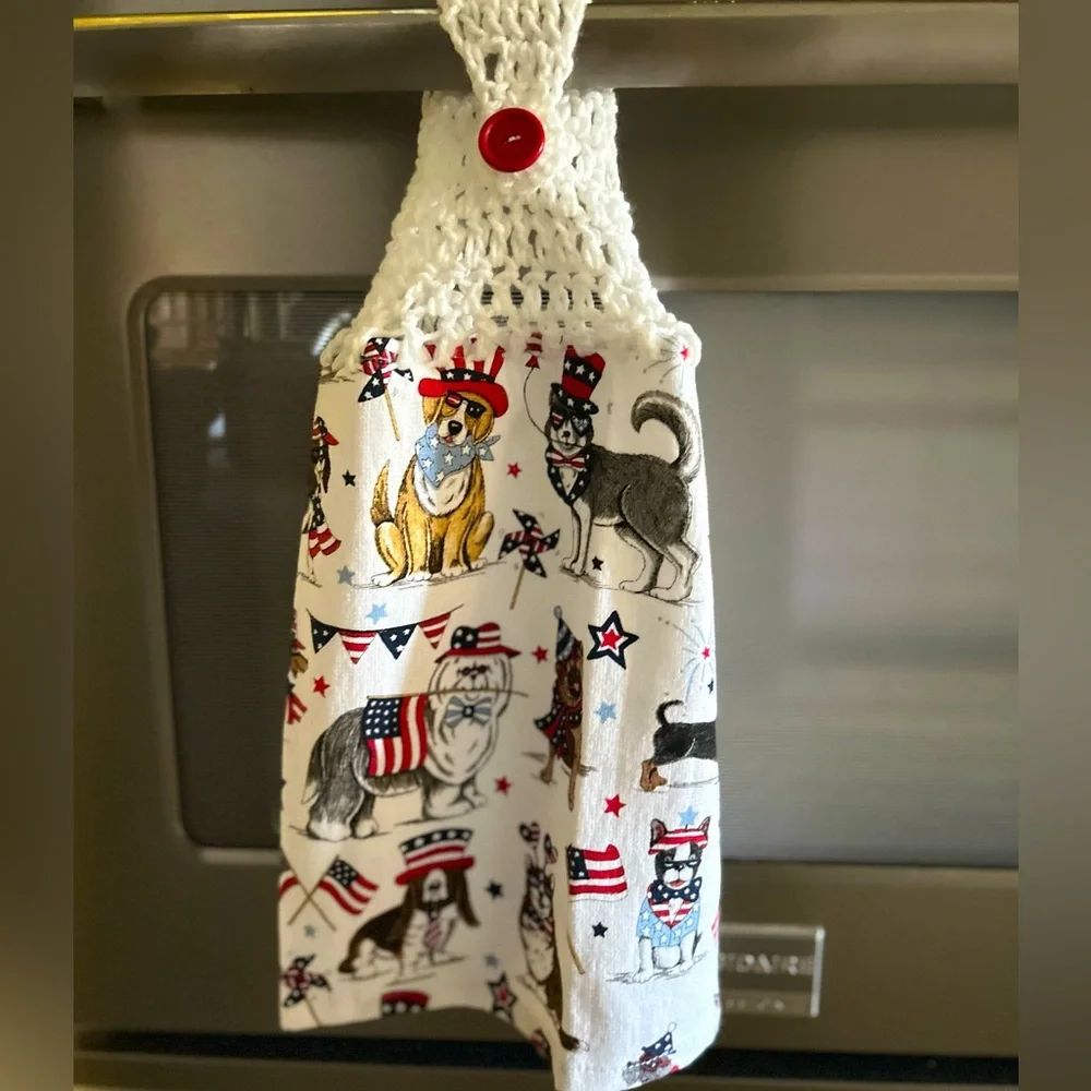 Hand Crafted Colorful Festive American Patriotic Dogs Hanging Kitchen Hand Towel